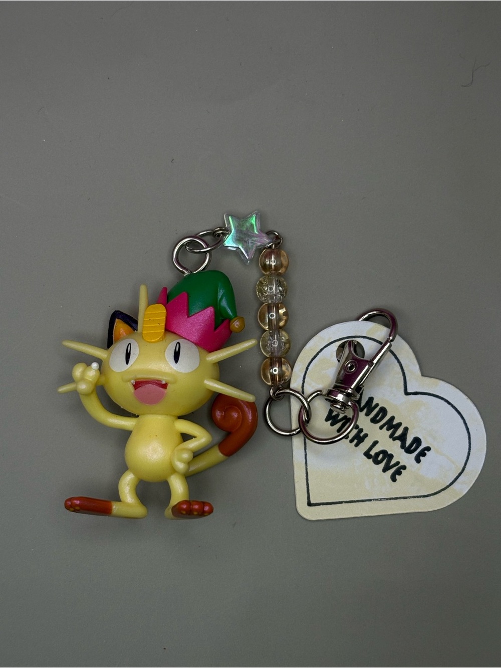 Yellow Meowth Character Keychain with Festive Hat - accessory